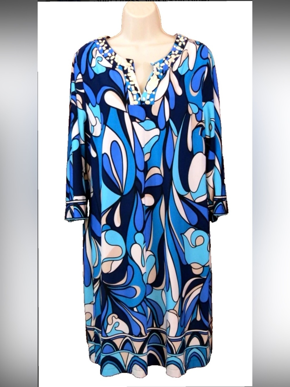 🩵CHICO’S🩵 60’S PSYCHEDELIC BEADED NECK LINE 3/4 SLEEVE SHIFT DRESS